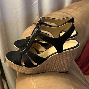 Michael Kors Black and Tan Wedge Sandals